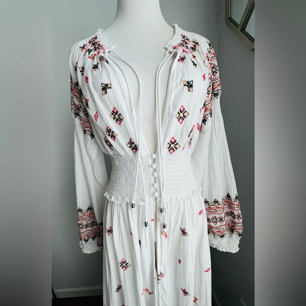 Free People White and Pink Embroidered Tunic